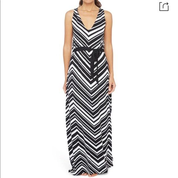 LA BLANCA Womens Med SWIMWEAR Archistripe Cover-up Maxi Dress In Black/ White - Picture 1 of 11